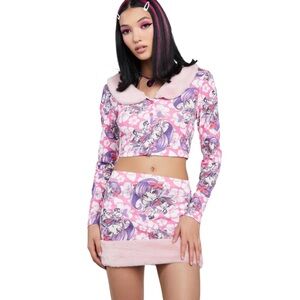 Pink Anime Print Crop Cardigan